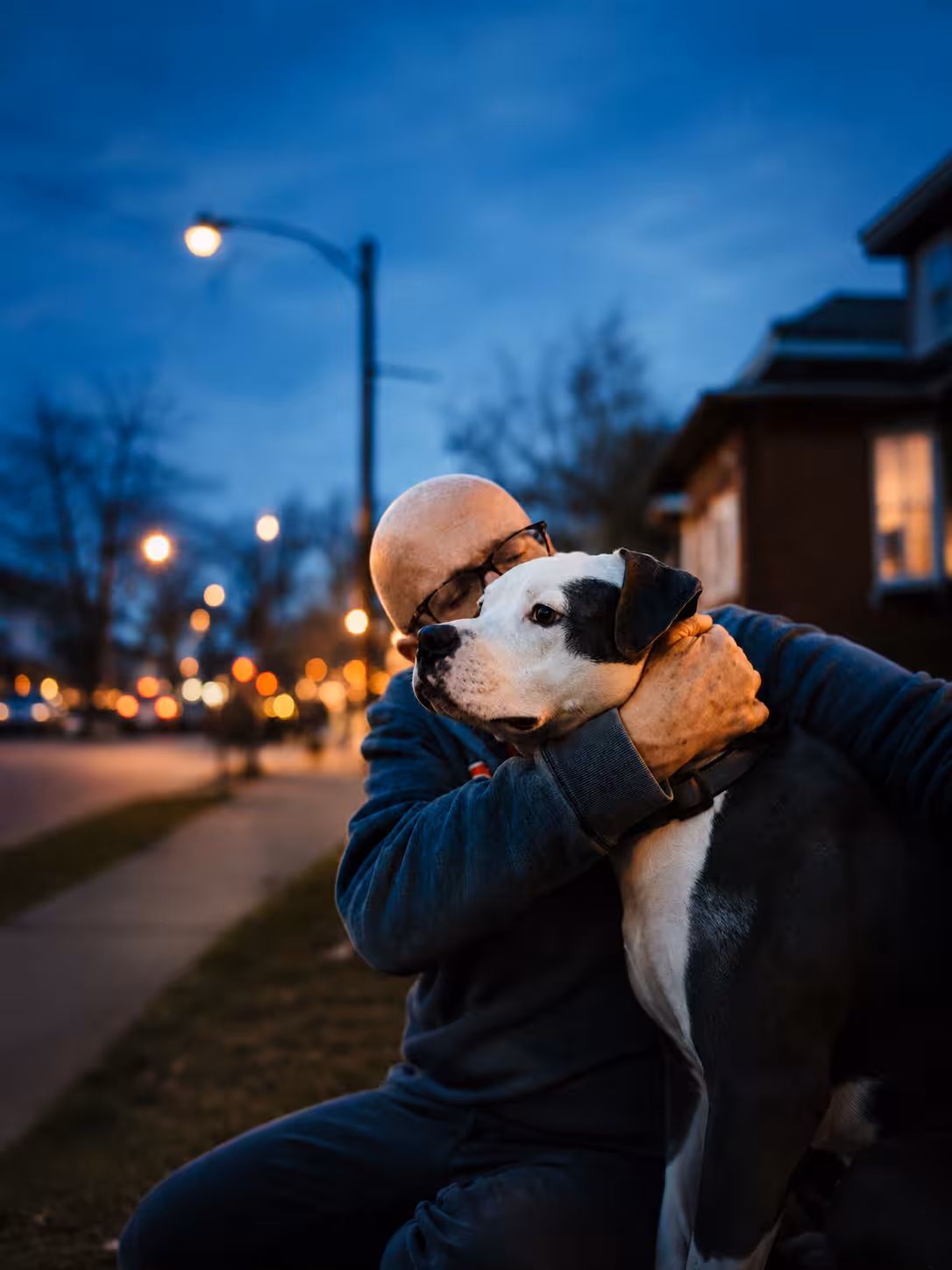 An owner hugging a black and white pit bull